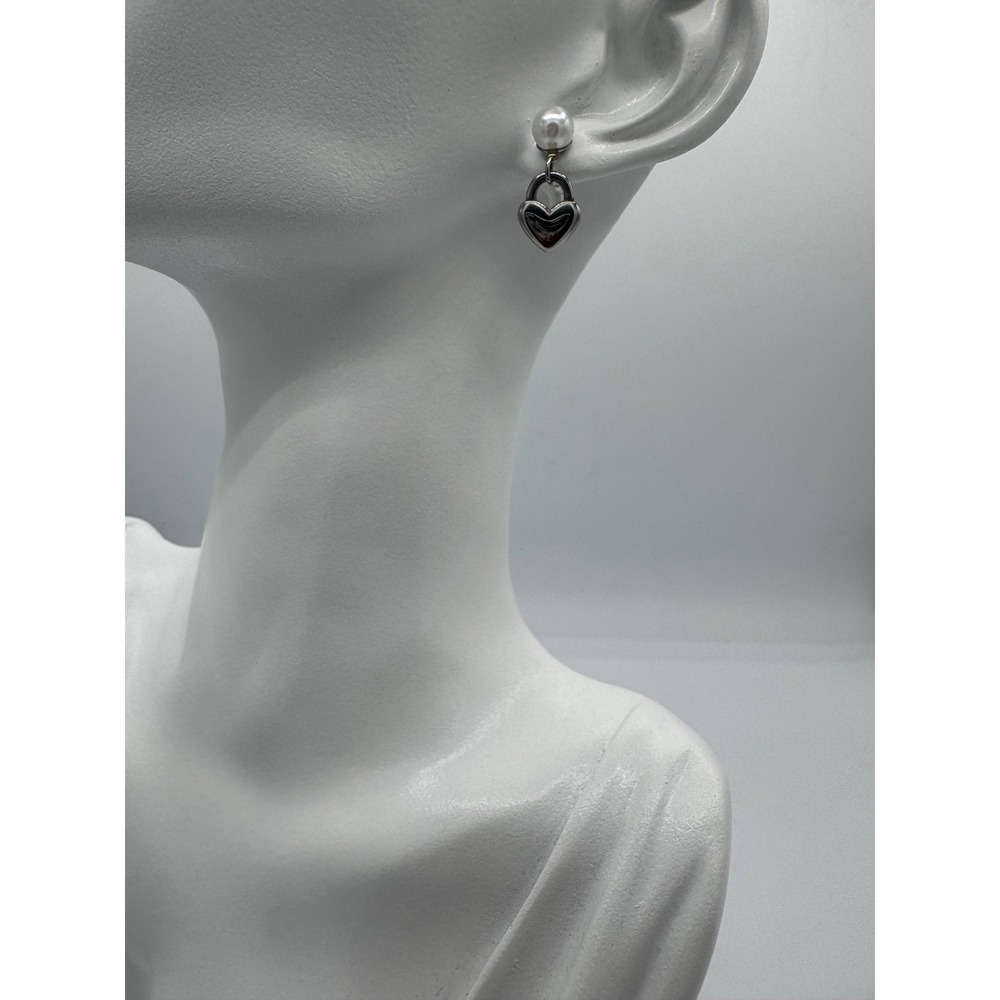 Oshena Heart Lock Pearl‎ Drop Earrings Womens Silver White Dainty MSRP $55